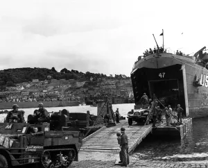 D Day Prints: American half track armoured cars disembarking from LST (Landing ship tank