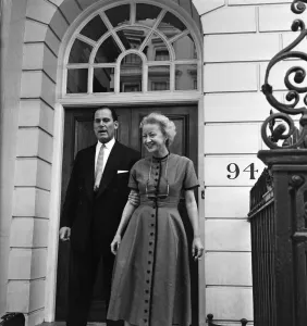 Theft Prints: American impresario Anne Deere Wiman outside her home in Westminster with her solicit Mr