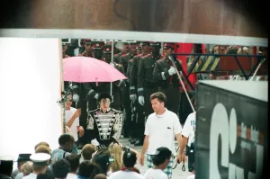 American pop singer Michael Jackson with his entourage on a walkabout in Budapest