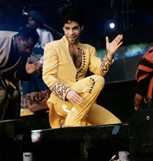 American pop singer Prince performing on stage at Celtic Park as part of the Diamonds