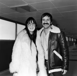 00725 Prints: American pop singers Sonny and Cher on arrival at Heathrow Airport. 5th April 1969