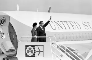 President Prints: American President Richard Nixon waves to the crowds from Air Force One with his wife Pat