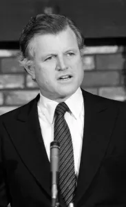 Election Prints: American senator Edward Kennedy speaking to the press during his campaign for