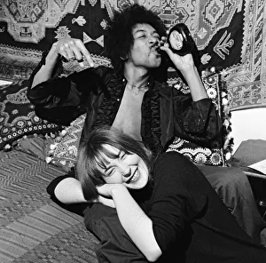 Girlfriend Prints: American singer and guitarist Jimi Hendrix with girlfriend Kathy Etchingham in his