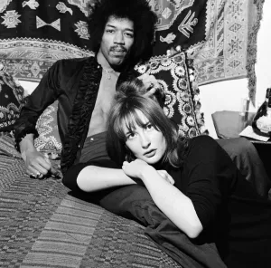 Girlfriend Prints: American singer and guitarist Jimi Hendrix with girlfriend Kathy Etchingham in his