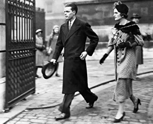 Man And Woman Prints: American stockbroker Charles Sweeney and his fiancee Miss Margaret Whigham leaving