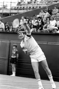 American tennis star John McEnroe in action at Queens Club. June 1980
