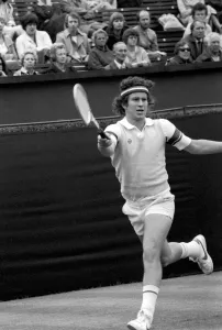 American tennis star John McEnroe in action at Queens Club. June 1980