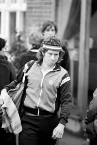 American tennis star John McEnroe in action at Queens Club. June 1980