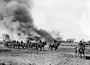Warhorse1 Prints: Ammunition dump on fire on Western Front in France as British troops move to new