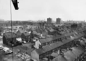 Houses And Housing Prints: Ancient and Modern - A tall crane vantage point high above the new flats being built