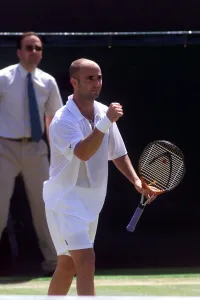Fist Prints: Andre Agassi tennis player at Wimbledon 1999 celebrates victory over Gustavo Kuerten in