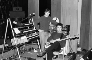 Rehearsing Prints: Andy McCluskey and Paul Humphreys (on keyboards) of the band Orchesteral Manouevers In