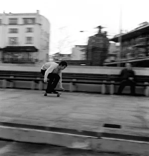 Outdoor Activities Prints: Andy Wickham March 1965 On a Sidewalk surfer brought from America Skateboard