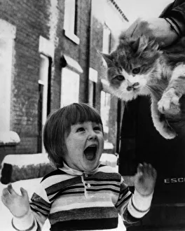 Animals - Cats. Home Again... Daniel Gudjoc welcomes Sammy home. December 1983 P000425