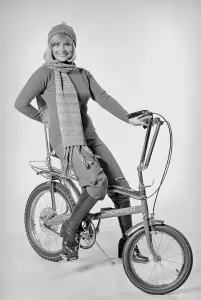 Raleigh Prints: Ann Aston seen here in the studio modelling the new Chopper bike Circa 1975