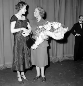 Anna Neagle bids farewell to members of the cast and admirers after last performance of