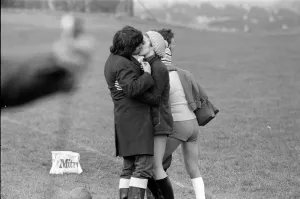 Kiss Prints: Anne Kirkbride (aged 17) and Comedians TV star Duggie Brown kiss in