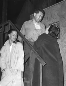 Anthony Quayle with Mary Ure and Megs Jenkins rehearsing play View From the Bridge by
