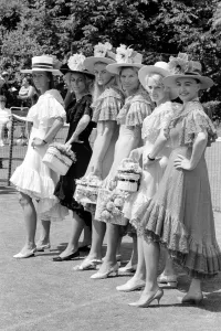 Handbags Prints: Apres tenis outfits by Teddy Tinling (left to right) Gloria Butler, Gale Chanfreau