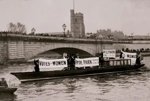 River Prints: April 1908 Suffragettes launch boat at Putney Bridge London with notices announcing