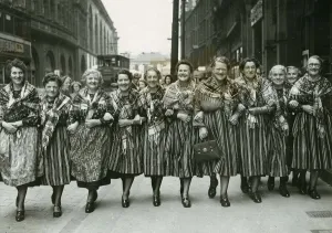 Matching Prints: Arbroath Fishwives June 1954 Wearing traditional dress in Hope Street Glasgow