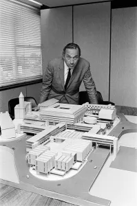 John Madin Prints: Architect John Madin with a model of the Civic Centre Development, Paradise Circus