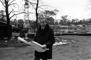 John Madin Prints: Architect John Madin at the site of the new BBC headquarters in Pebble Mill Lane