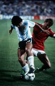 Argentina v Hungary World Cup 1982 football Maradona holds up the ball