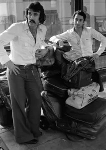Argentine footballers Osvaldo Ardiles (left) and Ricardo Villa at Gatwick Airport after