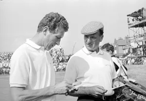 Score Prints: Argentine golfer Roberto de Vicenzo (right) and Fs Boobyer at the British Open Golf