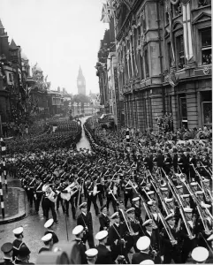 The armed service march along Whitehall after the Coronation of Queen Elizabeth II