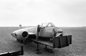 An Armstrong Whitworth Meteor NF 14 jet aircraft arrives at its new home at Coventry