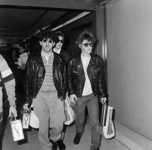 Arrival of pop group Frankie Goes to Hollywood at London Airport from Los Angeles