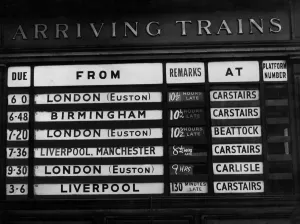 Arrivals Board indicates severe train delays at Glasgow Central Station, Glasgow