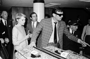 Arrivals at Heathrow Airport from Berlin. Actress Mia Farrow and actor Laurence Harvey