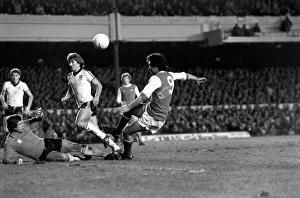 Arsenal (1) v. Ipswich (1). Frank Stapleton foiled by goalie Paul Cooper with Russell