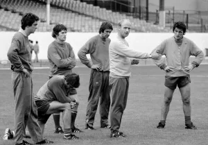 Arsenal coach Don Howe instrucing his players during a training session 22nd August
