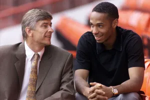 Transfer Prints: Arsenal footballer Thierry Henry with manager Arsene Wenger at Highbury after signing for