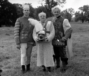 Arthur Lowe dressed up as St George during filming for the episode Knights of Madness in