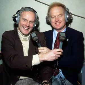 Headphones Prints: Arthur Montford with Archie MacPherson football commentators December 1988
