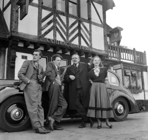 Artist couple Richard and Pat Larter with friends outside their local pub