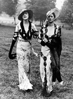 Ascot Prints: Ascot fashions of 1934. Left, a gown of white crepe de chine patterned with large pink
