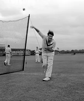 Bowling Prints: The Ashes 1956. Australian cricketer Keith Miller in the nets at Old Trafford during
