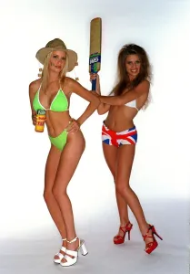 Ashes Babes Katie Price and Michelle Clack pose in their bikinis