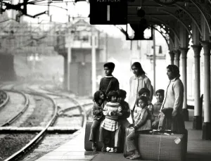 Asian immigrant family waiting at Bishops Stortford train station to travel to London