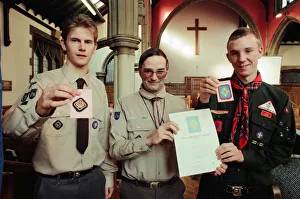 Boy Scouts Prints: Assistant County Commissioner David Clark (centre) congratulates scouts Paul Barker (l
