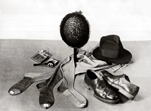 00196 Prints: Assortment of various items of clothing including hats shoes socks
