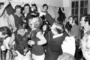 Aston Villa celebrating in the dressing room at Villa Park after their two one victory