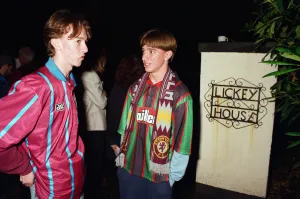 Sack Prints: Aston Villa fans outside the home of Ron Atkinson in Barnt Green